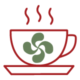 Icône rouge d'une tasse fumante avec une croix basque verte, symbolisant la consommation sur place au Bakery Bliss Café.