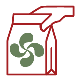 Icône de sac stylisé contenant une croix basque verte, symbole de l'engagement local de Bakery Bliss Café, prêt à emporter.